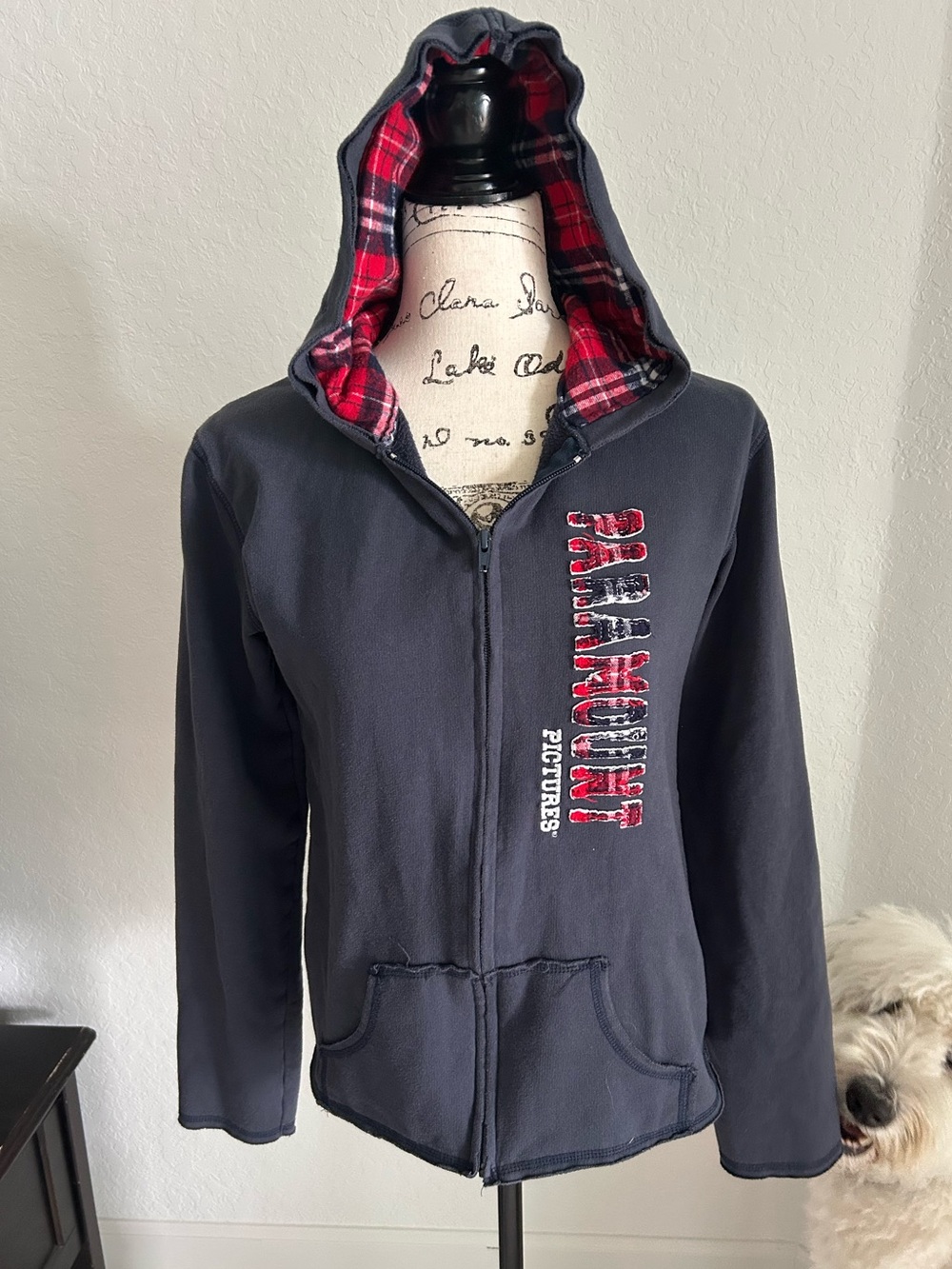 Vintage Paramount Pictures Navy Zip-Up Hoodie with Red Plaid Lined Hood
